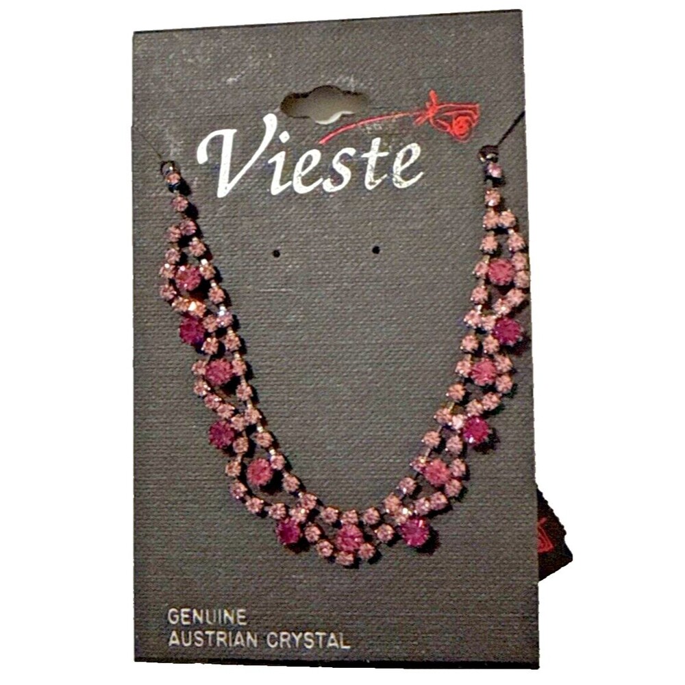 VIESTE Pink Austrian Crystal Necklace Genuine Gems 18" Silver Tone NWT NOS